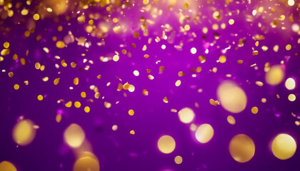 Fascino Dorato- Sfondo Bokeh Astratto con Confetti Glitter Oro e Viola in un'Esplosione di Colori - obrazy, fototapety, plakaty