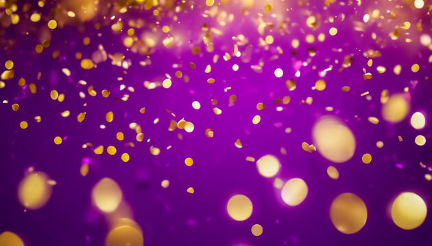 Fascino Dorato- Sfondo Bokeh Astratto con Confetti Glitter Oro e Viola in un'Esplosione di Colori