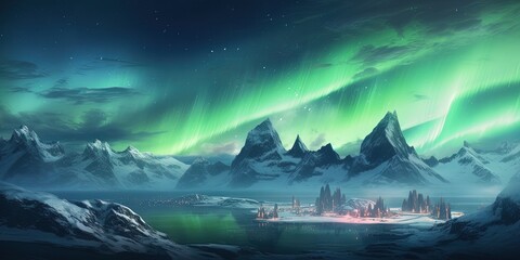 A breathtaking digital representation of the northern lights dancing over a rugged snowy mountain landscape