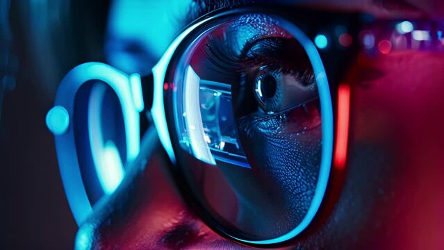 Macro close up slowly pushing towards a mans eye as he looks at an Augmented Reality display projected onto his glasses
