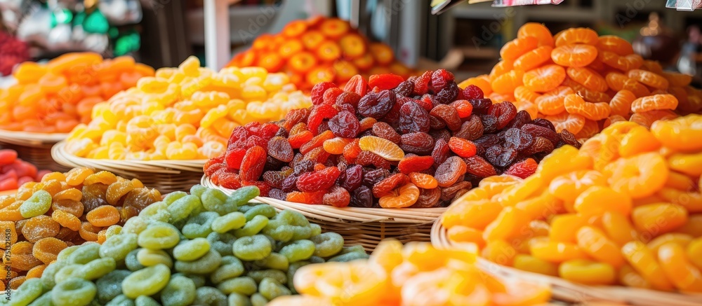 Poster numerous baskets are displayed, each overflowing with different kinds of fresh fruits such as mandar