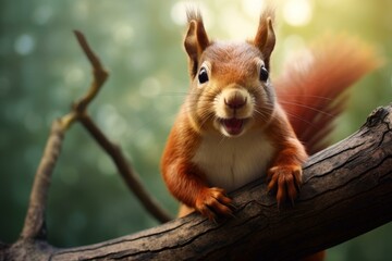 Curious squirrel branch nut. Tree animal. Generate Ai - obrazy, fototapety, plakaty
