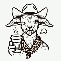 Goat wear cowboy hat and leopard print scarf, Drinking Coffee, Funny and Cool, T-Shirt design for Coffee Lover, Svg Eps Vector illustration