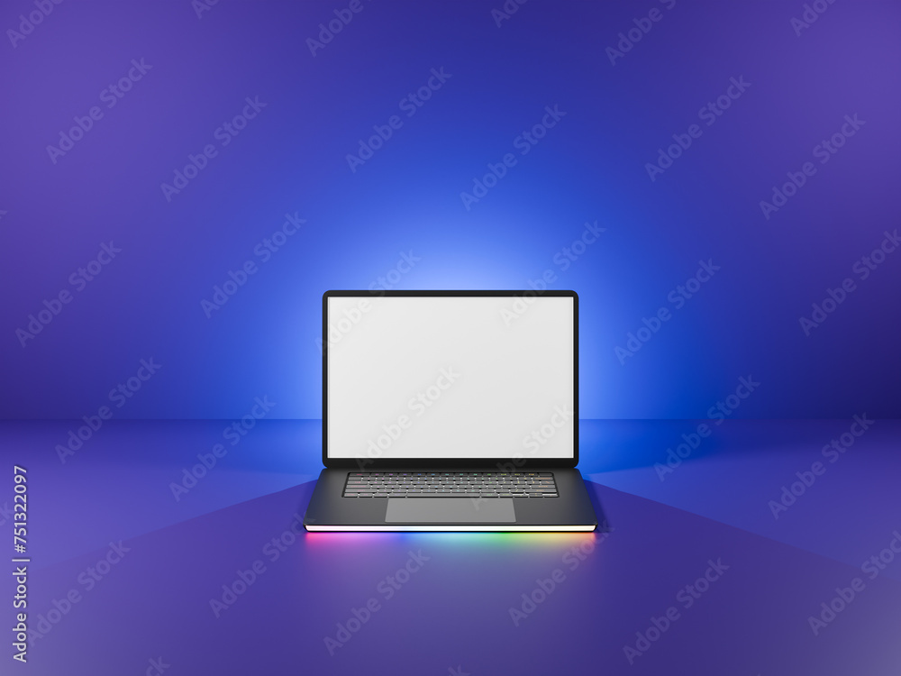 Poster 3d laptop computer with glow rainbow led light open with blank screen on blue glow light background.