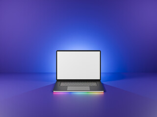 3D Laptop computer with glow rainbow led light open with blank screen on blue glow light background. 3D render illustration