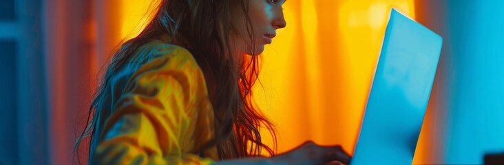 portrait of a woman looking a laptop computer, with an orange pattern background