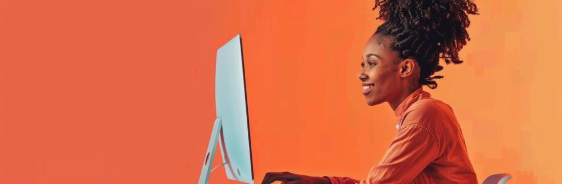 portrait of a woman smsiling,  looking a laptop computer, with an orange pattern background