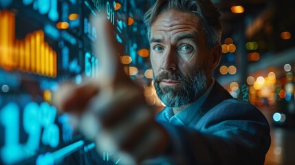 Portrait of handsome mature businessman with beard and moustache in blue shirt with stock market charts in background, point