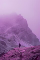 mountains landscape with a woman hiking and traveling alone,, having time  in the nature,lilac and...
