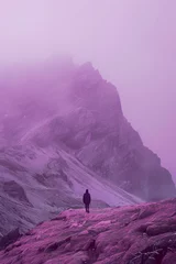 Foto auf Glas mountains landscape with a woman hiking and traveling alone,, having time  in the nature,lilac and pink purple color palette © aledesun