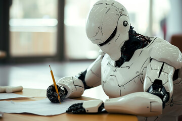 White robot write with pencil on paper sitting at table. Concept of robot writer.