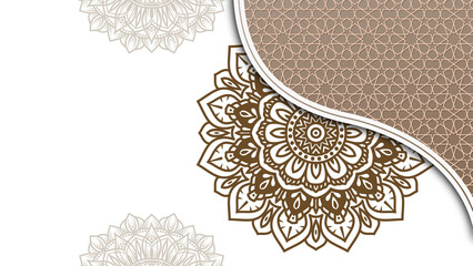 Golden arabesque arabis style islamic ornamental mandala pattern background with empty space. Paper style islamic background.