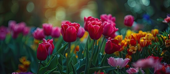 A bunch of colorful flowers, including stunning blooming tulips, scattered across green grass. The vibrant petals and green stems create a beautiful contrast against the natural backdrop.