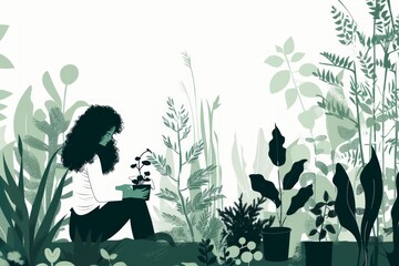 green illustration of a  women gardening, scene full of plants , urban jungle, graphic abstract concept
