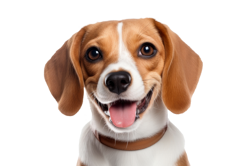 Cute fluffy portrait smile Puppy dog Beagle that looking at camera isolated on clear png background, funny moment, lovely dog, pet concept.