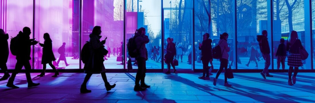 people walking around in a urban street context, near buildings, blue and purple green background,vivid colors