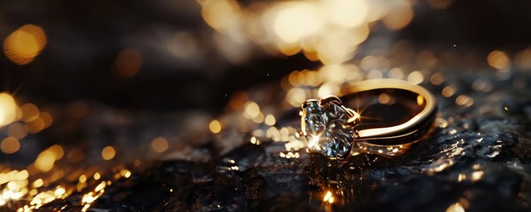 Wedding rings on a stone with golden bokeh background