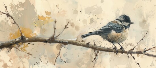 A painting depicting a bird perched on a branch. The bird is delicately captured in a moment of stillness, showcasing its intricate details and the texture of the branch.