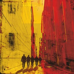 pop art style graphic pattern of cetral street urban view, people silhouette walking around, red...