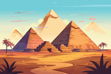 Egyptian desert with pyramids. Vector cartoon illustration of landscape with ancient pharaoh tombs