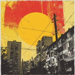 pop art style graphic pattern of cetral street urban view, people silhouette walking around, red and orange vivid grunge colors