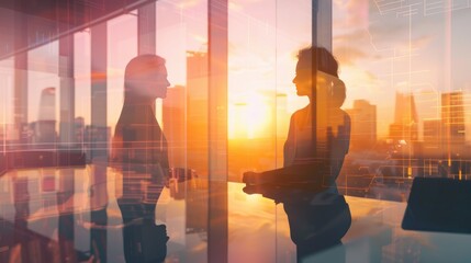 3D rendering of two businesswomen working together in a modern office on a new project Double Exposure Concept of Success