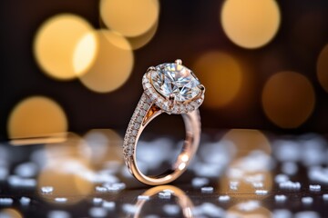 Jewelry ring with diamond on bokeh lights background.