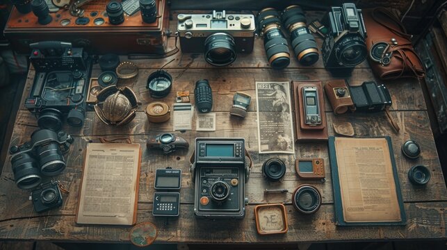 A detailed shot of a vintage ghost hunting equipment setup, including EMF meters and infrared cameras, laid out on an ancient wooden table, ready for a night of investigation