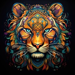 Fototapeta premium Colorful tiger mandala art on black background.