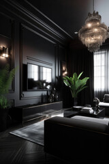 Stylish dark interior with reflective surfaces and lush plants