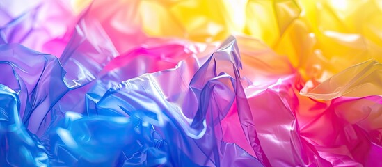 A close-up view of a vibrantly colored piece of cloth with a blurred plastic icon in the background. The cloth exhibits various hues and patterns, creating a visually striking display of color. - obrazy, fototapety, plakaty
