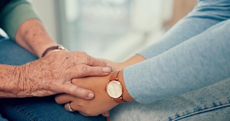 Obraz na płótnie Canvas Comfort, senior or closeup of people holding hands for comfort or heal for wellness together. Therapist, sympathy or elderly person bonding, praying or care after death with psychologist or support