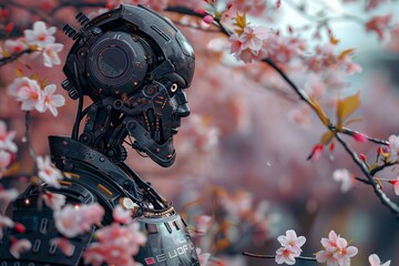 A smart factory robot adorned in samurai armor surrounded by cherry blossoms