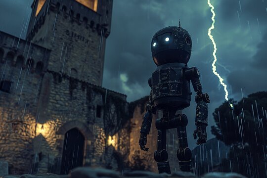 A smart factory robot standing in the courtyard of a medieval castle as a dramatic lightning storm