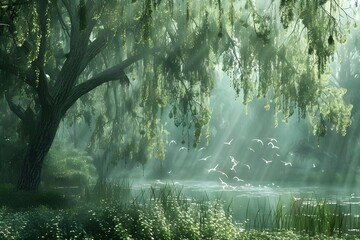 Whispering Willow Woods Tranquil Grove Alive with - obrazy, fototapety, plakaty