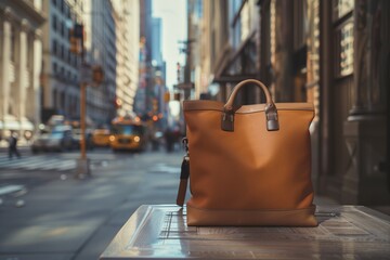 Stylish leather tote bag on a metallic bench with a bustling city backdrop - obrazy, fototapety, plakaty