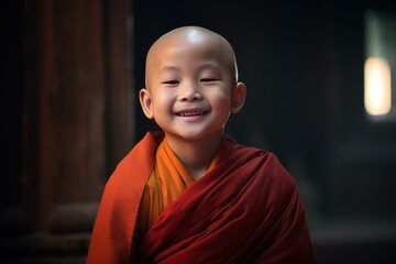 Little asian smiling monk. Wood teacher. Generate Ai