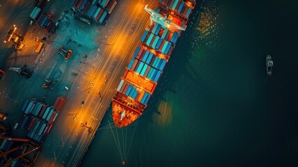 Aerial view of a container ship at an airport or shipping yard.