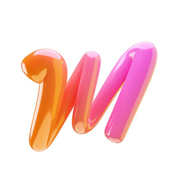 3D Glossy Plastic style lowercase letter m, character isolated in pink, orange colors