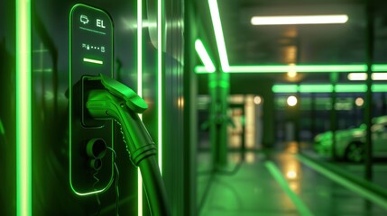 EV charging station for electric cars in green energy and eco-energy concept. Neon lights.