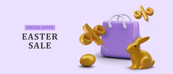 Advertising horizontal banner for Easter sale. Concept in purple and gold color