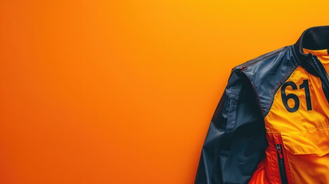 A vibrant sports jacket with number 61 hangs against a solid orange backdrop