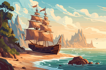 Wooden ship with sails. Pirates in search of treasure. Generative AI