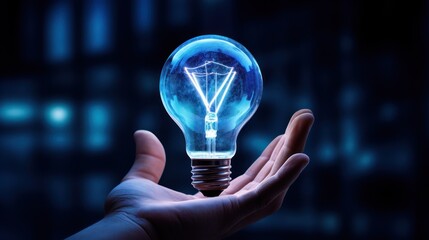 Businessman on blurred background holding glass glowing light bulb in his hand