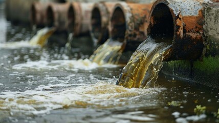 Water at the mouth of the wastewater pipe from the factory. - obrazy, fototapety, plakaty