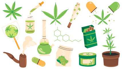 Flat vector illustration of cannabis, drugs, herbs. A set of hemp items. - obrazy, fototapety, plakaty