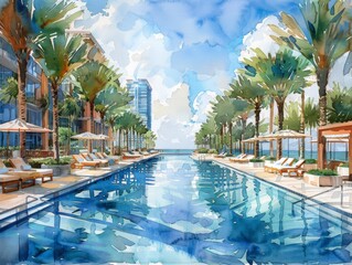Hotel with swimming pool and palm trees. Digital watercolor painting.