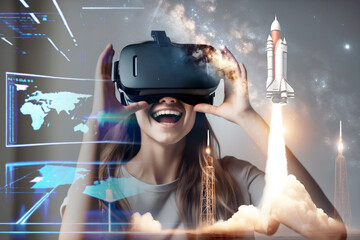 Cyberspace, metaverse and virtual reality concept with young beautiful woman in VR headset projected virtual reality hologram with world map on abstract office background - 751326284