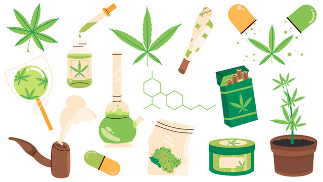 Flat vector illustration of cannabis, drugs, herbs. A set of hemp items.