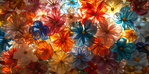 Dynamic background filled with colorful flowers made from recycled ribbons illuminated by soft gentle sunlight background 